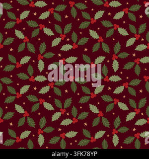 Hand-drawn Christmas seamless pattern with holly berries, leaves, stars for seasonal fabric, background, wrapping paper, packaging Stock Vector