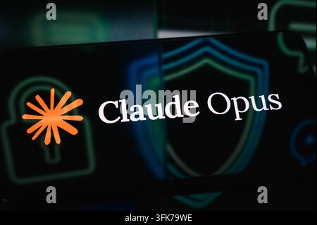 Paris, France - 23 September 2026 : Claude Opus AI logo displayed on a digital screen with security shield graphics. Stock Photo