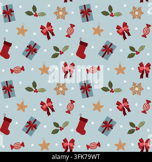Winter holiday seamless pattern, gingerbread cookie, holly berry, bauble, bow and gift for seasonal fabric, background, packaging Stock Vector