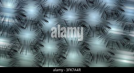 Abstract geometric pattern with dark radial starburst shapes on a glowing blue and grey gradient background Stock Photo
