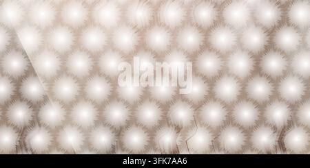 A digital illustration featuring a repeating pattern of luminous, spiky circular orbs set against a subtle, soft brown gradient background. Stock Photo