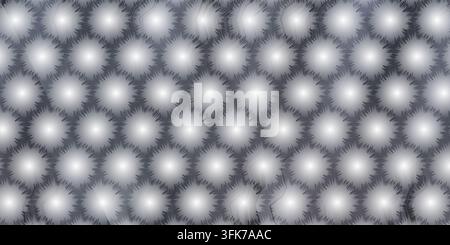 A digital graphic featuring a repeating pattern of bright, glowing, star-like circular elements with soft spikes on a dark grey gradient background. Stock Photo