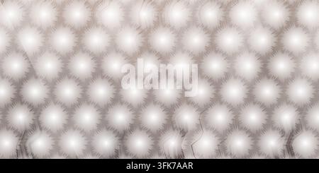 A digital graphic featuring a repeating pattern of bright, glowing, star-like circular elements with soft spikes on a warm beige gradient background. Stock Photo