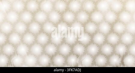 A repeating hexagonal pattern featuring soft, glowing circular light bursts with a textured, spiky edge effect in warm beige tones. Stock Photo