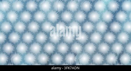 A digital graphic featuring a repeating pattern of bright, glowing, star-like circular elements with soft spikes on a cool blue gradient background. Stock Photo