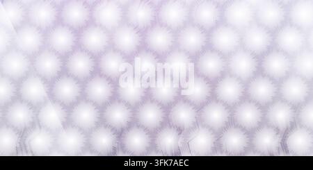 A repeating hexagonal grid featuring bright, glowing starburst or dandelion-like circular motifs with a soft, ethereal light effect in cool lavender t Stock Photo