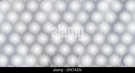 A digital abstract background featuring a repeating hexagonal grid pattern filled with soft, glowing, spiky circular light orbs in monochromatic grey Stock Photo