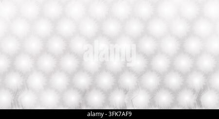 A repeating hexagonal grid featuring bright, glowing starburst or dandelion-like circular motifs with a soft, ethereal light effect in shades of grey. Stock Photo