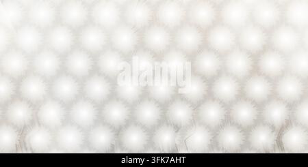 A repeating hexagonal grid pattern featuring soft, glowing starburst or dandelion-like circular shapes in a neutral grey and white gradient. Stock Photo