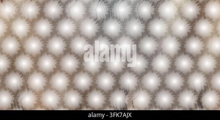A digital illustration featuring a repeating pattern of bright, fuzzy white circles set within a subtle hexagonal mesh against a warm beige backdrop. Stock Photo