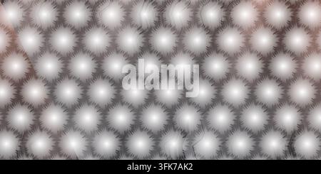 A modern abstract background featuring a repeating pattern of glowing white circular orbs arranged within a subtle hexagonal grid structure. Stock Photo