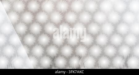 A modern abstract background featuring a repeating pattern of glowing white circular orbs arranged within a subtle hexagonal grid structure. Stock Photo