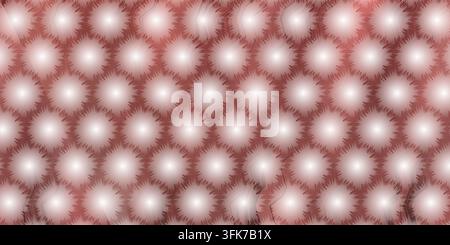 A digital art background featuring a geometric hexagonal grid filled with glowing, spiky white spheres, set against a warm pink gradient. Stock Photo
