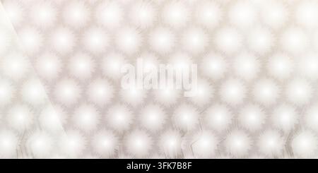 A repeating hexagonal grid featuring glowing white circular orbs with soft, spiked edges, creating a bright, textured, and ethereal visual effect. Stock Photo