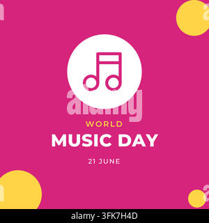 World Music Day (21 June) social media post: white circle with a line icon, bold title lettering and date on a retro-toned background. Text as outline Stock Vector
