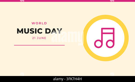 World Music Day (21 June) wide banner: bold title lettering and date on the left, line icon in a circle on the right, empty copy space below for your Stock Vector