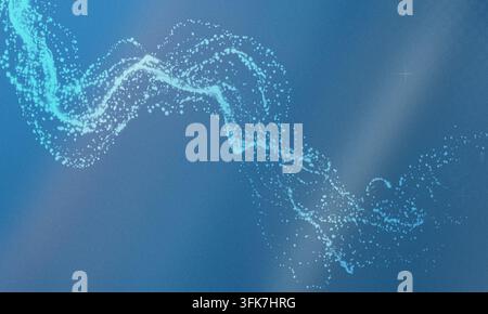 A dynamic wave of glowing particles flowing across a textured blue gradient background, creating a sense of motion and energy. Stock Photo