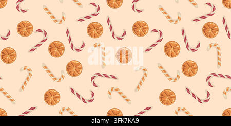 Cozy Christmas candy cane and orange slices seamless pattern on beige background. Minimalist citrus sweets vector texture for holiday package Stock Vector