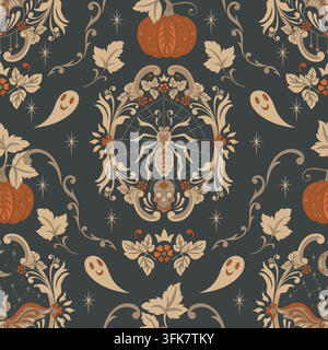 Halloween Spider Damask Pattern with Pumpkins and Ghosts. Vintage gothic seamless ornament with skulls and cobwebs on charcoal. Decorative vector Stock Vector