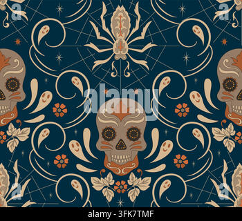 Halloween Skull and Spider Pattern with Ghosts on Navy. Vintage seamless ornament with decorative sugar skulls and cobwebs. Gothic vector illustration Stock Vector