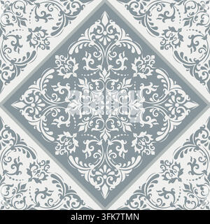Gray and White Damask Pattern with Ornamental Diamond Tiles. Vintage classical seamless ornament with scrolls and alternating floral motifs Stock Vector