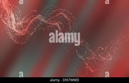 A dynamic abstract design showing a trail of glowing particles moving across a moody, dark red and grey textured gradient background. Stock Photo