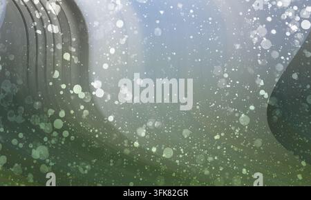 Abstract design featuring flowing lines and soft green and gray tones, accented by white bokeh lights and speckles. Stock Photo