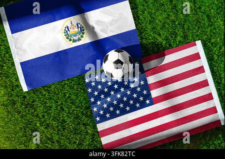 United States and El Salvador flags waving on isolated white background ...