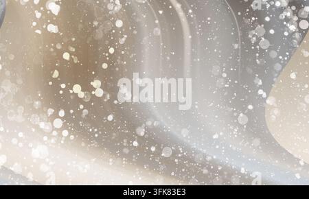 A smooth, flowing abstract background featuring soft, curved lines in neutral beige and grey tones, overlaid with a delicate pattern of glowing bokeh Stock Photo