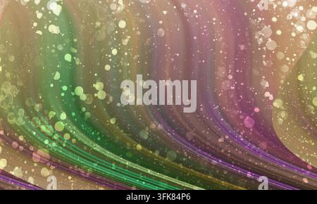 A vibrant abstract background featuring smooth, flowing vertical waves in purple and green tones, accented by shimmering golden bokeh light particles. Stock Photo