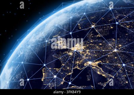 Earth at night over Europe with global network connectivity, big data transfer, cyber technology and telecommunications. Contains NASA image elements. Stock Photo