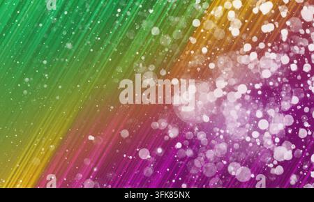 A vibrant diagonal gradient background in green, yellow, and purple, enhanced with a sparkling overlay of glowing white bokeh light particles. Stock Photo