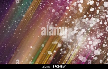 A vibrant abstract background featuring glowing white bokeh particles and dynamic light streaks against a colorful, textured backdrop, perfect for cre Stock Photo