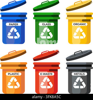 Colorful garbage bins set for waste sorting paper glass organic plastic electronic waste and metals. Sustainable recycling concept. Stock Vector