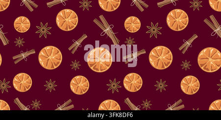 Dark Burgundy Christmas mulled wine spice seamless pattern. Minimalist citrus fruit and cinnamon vector texture for holiday cafe packaging Stock Vector