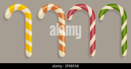 Flat lay Christmas candy cane vector elements set isolated on background. Cozy winter striped sweets collection in different colors for holiday design Stock Vector