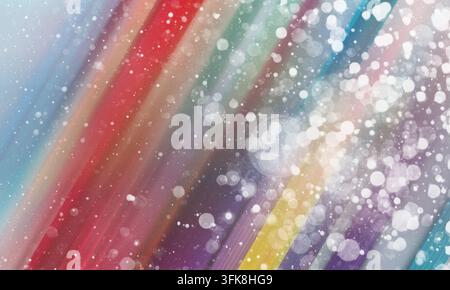 Vibrant abstract background with multi-colored diagonal light streaks and soft white bokeh particles creating a dynamic and artistic atmosphere. Stock Photo