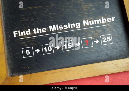 Chalkboard with phrase find the missing number math puzzle and sequence riddle on wooden desk. For kids learning mathematics Stock Photo