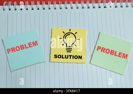 Concept of problem solving cycle write on sticky notes isolated on table. For showing one solution creates an new problem and critical thinking Stock Photo