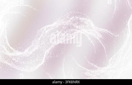 An elegant abstract composition with swirling white particle trails set against a soft, grainy pastel pink gradient background. Stock Photo