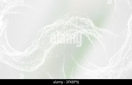 A digital art composition featuring a flowing, wave-like pattern of particles in light green and white tones with a grainy texture. Stock Photo