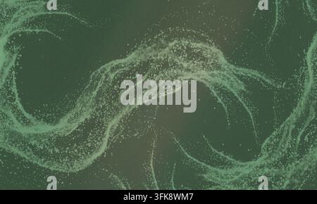 Abstract digital background featuring a flowing wave of light green particles and fluid motion, creating a dark, moody, and sophisticated aesthetic de Stock Photo