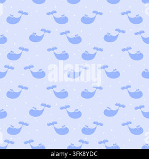 Cute blue whale seamless pattern with tiny white stars and dots on a soft pastel blue background, perfect for kids, stationery, fabric and ocean theme Stock Vector