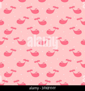Cute coral red whale seamless pattern with tiny white stars and dots on a soft pink background, perfect for kids, stationery, fabric and playful decor Stock Vector