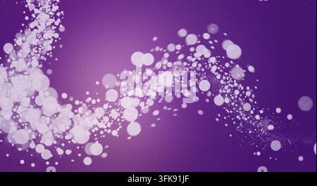 Abstract purple textured background with a flowing wave of white glowing bokeh particles and sparkling dots. Stock Photo