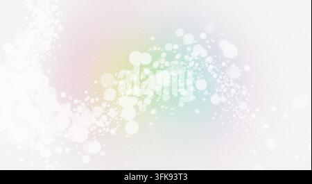 Abstract white spray paint texture with bokeh dot elements on a soft pastel rainbow gradient background with grainy texture. Stock Photo