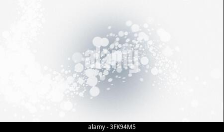 Abstract design featuring floating white bokeh lights forming a flowing diagonal trail against a bright textured white background. Stock Photo