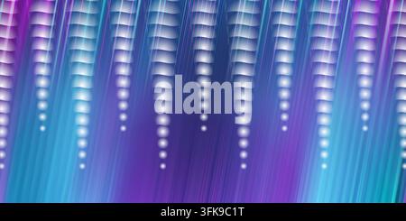 A vibrant digital composition showing rows of glowing, layered spheres descending against a dynamic, streaked blue and purple gradient background. Stock Photo