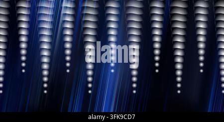 An abstract composition showing vertical rows of glowing white spheres against a dark background with dynamic blue light streaks. Stock Photo