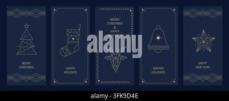 Geometric Line Art Christmas and New Year Holiday Cards Set. Christmas decorations pattern, greeting card background Stock Vector